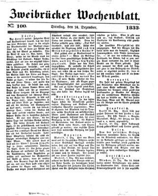 Zweibrücker Wochenblatt Dienstag 24. Dezember 1833