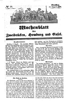 Wochenblatt für Zweibrücken, Homburg und Cusel (Zweibrücker Wochenblatt) Dienstag 15. August 1837