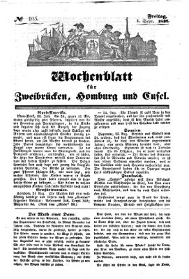 Wochenblatt für Zweibrücken, Homburg und Cusel (Zweibrücker Wochenblatt) Freitag 1. September 1837