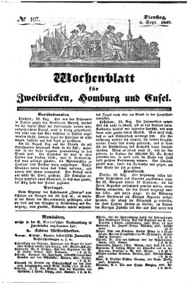 Wochenblatt für Zweibrücken, Homburg und Cusel (Zweibrücker Wochenblatt) Dienstag 5. September 1837