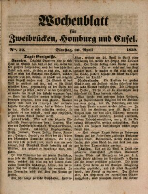 Wochenblatt für Zweibrücken, Homburg und Cusel (Zweibrücker Wochenblatt) Dienstag 30. April 1839