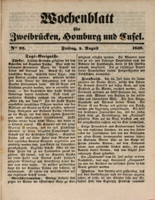 Wochenblatt für Zweibrücken, Homburg und Cusel (Zweibrücker Wochenblatt) Freitag 2. August 1839