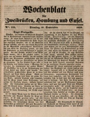 Wochenblatt für Zweibrücken, Homburg und Cusel (Zweibrücker Wochenblatt) Dienstag 17. September 1839