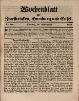 Wochenblatt für Zweibrücken, Homburg und Cusel (Zweibrücker Wochenblatt) Sonntag 29. September 1839