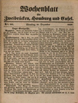 Wochenblatt für Zweibrücken, Homburg und Cusel (Zweibrücker Wochenblatt) Dienstag 17. Dezember 1839