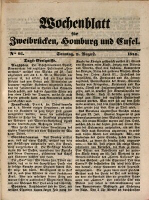 Wochenblatt für Zweibrücken, Homburg und Cusel (Zweibrücker Wochenblatt) Sonntag 9. August 1840