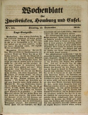 Wochenblatt für Zweibrücken, Homburg und Cusel (Zweibrücker Wochenblatt) Dienstag 15. September 1840