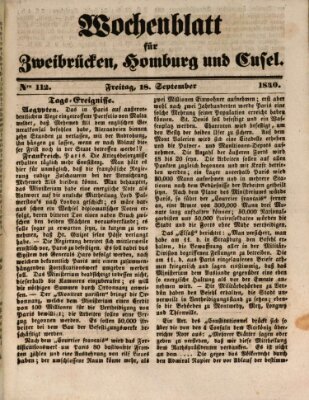 Wochenblatt für Zweibrücken, Homburg und Cusel (Zweibrücker Wochenblatt) Freitag 18. September 1840