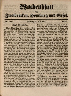 Wochenblatt für Zweibrücken, Homburg und Cusel (Zweibrücker Wochenblatt) Freitag 2. Oktober 1840