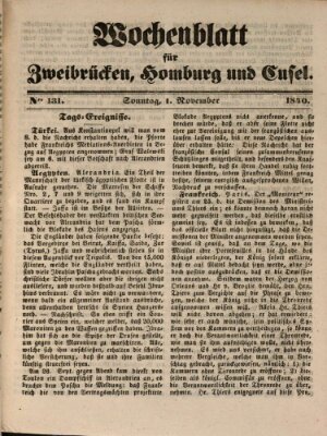 Wochenblatt für Zweibrücken, Homburg und Cusel (Zweibrücker Wochenblatt) Sonntag 1. November 1840