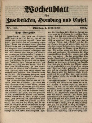 Wochenblatt für Zweibrücken, Homburg und Cusel (Zweibrücker Wochenblatt) Dienstag 3. November 1840