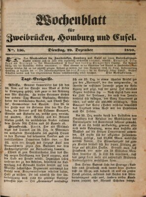 Wochenblatt für Zweibrücken, Homburg und Cusel (Zweibrücker Wochenblatt) Dienstag 29. Dezember 1840