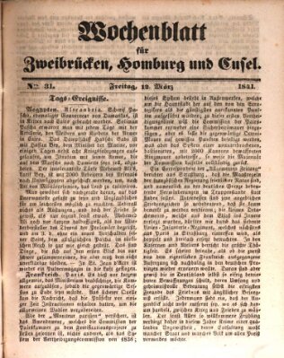 Wochenblatt für Zweibrücken, Homburg und Cusel (Zweibrücker Wochenblatt) Freitag 12. März 1841