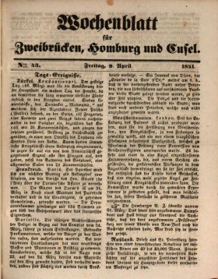 Wochenblatt für Zweibrücken, Homburg und Cusel (Zweibrücker Wochenblatt) Freitag 9. April 1841