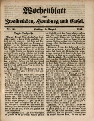 Wochenblatt für Zweibrücken, Homburg und Cusel (Zweibrücker Wochenblatt) Freitag 6. August 1841