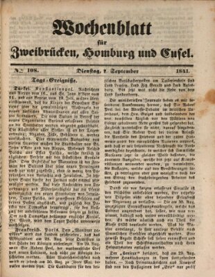 Wochenblatt für Zweibrücken, Homburg und Cusel (Zweibrücker Wochenblatt) Dienstag 7. September 1841