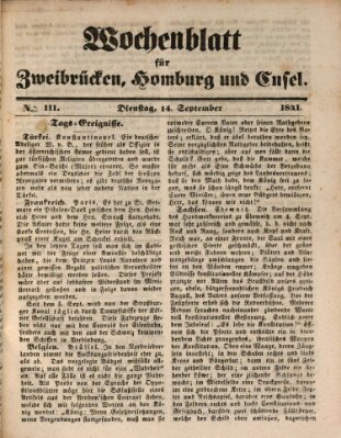 Wochenblatt für Zweibrücken, Homburg und Cusel (Zweibrücker Wochenblatt) Dienstag 14. September 1841