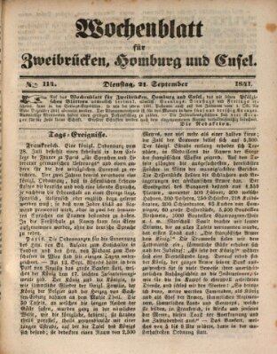 Wochenblatt für Zweibrücken, Homburg und Cusel (Zweibrücker Wochenblatt) Dienstag 21. September 1841