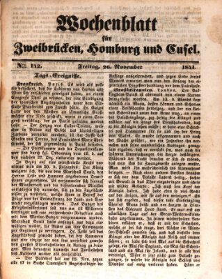 Wochenblatt für Zweibrücken, Homburg und Cusel (Zweibrücker Wochenblatt) Freitag 26. November 1841