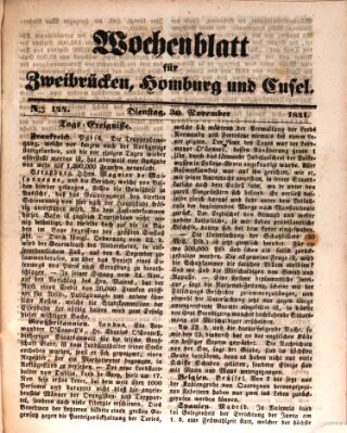 Wochenblatt für Zweibrücken, Homburg und Cusel (Zweibrücker Wochenblatt) Dienstag 30. November 1841