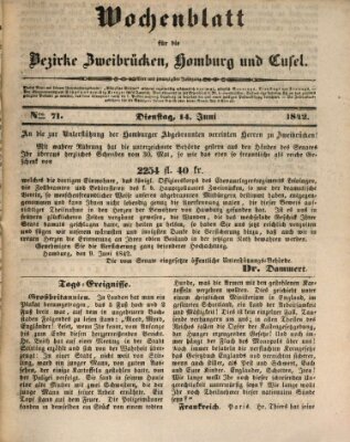 Wochenblatt für die Bezirke Zweibrücken, Homburg und Cusel (Zweibrücker Wochenblatt) Dienstag 14. Juni 1842