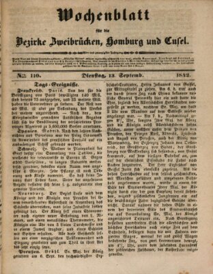 Wochenblatt für die Bezirke Zweibrücken, Homburg und Cusel (Zweibrücker Wochenblatt) Dienstag 13. September 1842