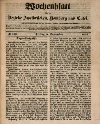 Wochenblatt für die Bezirke Zweibrücken, Homburg und Cusel (Zweibrücker Wochenblatt) Freitag 8. September 1843