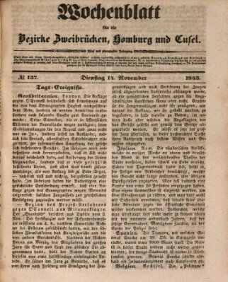 Wochenblatt für die Bezirke Zweibrücken, Homburg und Cusel (Zweibrücker Wochenblatt) Dienstag 14. November 1843