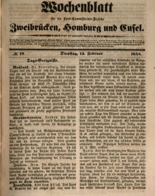 Wochenblatt für die Land-Commissariats-Bezirke Zweibrücken, Homburg und Cusel (Zweibrücker Wochenblatt) Dienstag 13. Februar 1844