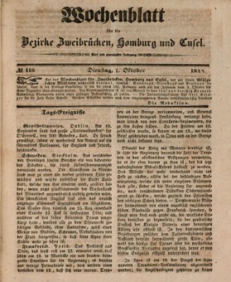 Wochenblatt für die Land-Commissariats-Bezirke Zweibrücken, Homburg und Cusel (Zweibrücker Wochenblatt) Dienstag 1. Oktober 1844