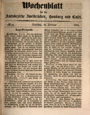 Wochenblatt für die Amtsbezirke Zweibrücken, Homburg und Cusel (Zweibrücker Wochenblatt) Dienstag 18. Februar 1845