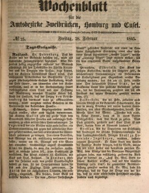 Wochenblatt für die Amtsbezirke Zweibrücken, Homburg und Cusel (Zweibrücker Wochenblatt) Freitag 28. Februar 1845