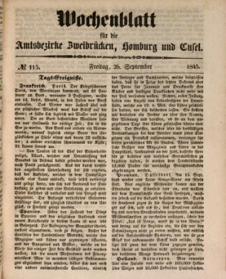 Wochenblatt für die Amtsbezirke Zweibrücken, Homburg und Cusel (Zweibrücker Wochenblatt) Freitag 26. September 1845