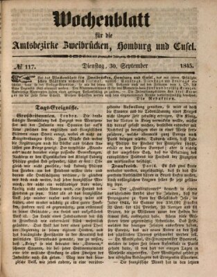 Wochenblatt für die Amtsbezirke Zweibrücken, Homburg und Cusel (Zweibrücker Wochenblatt) Dienstag 30. September 1845