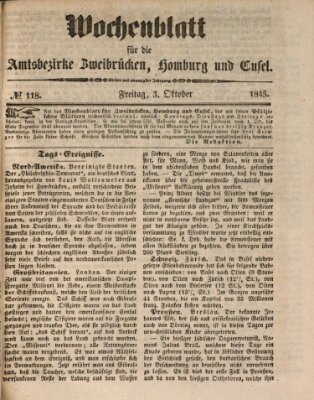 Wochenblatt für die Amtsbezirke Zweibrücken, Homburg und Cusel (Zweibrücker Wochenblatt) Freitag 3. Oktober 1845