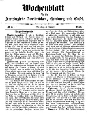 Wochenblatt für die Amtsbezirke Zweibrücken, Homburg und Cusel (Zweibrücker Wochenblatt) Dienstag 6. Januar 1846