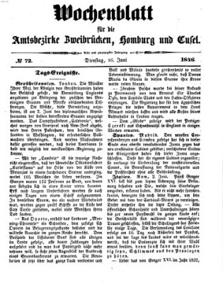 Wochenblatt für die Amtsbezirke Zweibrücken, Homburg und Cusel (Zweibrücker Wochenblatt) Dienstag 16. Juni 1846