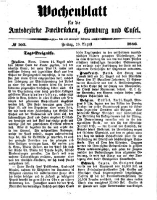 Wochenblatt für die Amtsbezirke Zweibrücken, Homburg und Cusel (Zweibrücker Wochenblatt) Freitag 28. August 1846