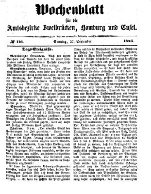 Wochenblatt für die Amtsbezirke Zweibrücken, Homburg und Cusel (Zweibrücker Wochenblatt) Sonntag 27. September 1846