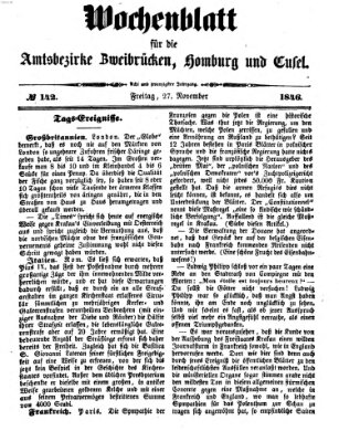 Wochenblatt für die Amtsbezirke Zweibrücken, Homburg und Cusel (Zweibrücker Wochenblatt) Freitag 27. November 1846