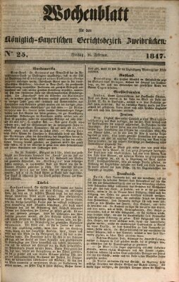 Wochenblatt für den Königlich-Bayerischen Gerichtsbezirk Zweibrücken (Zweibrücker Wochenblatt) Freitag 26. Februar 1847