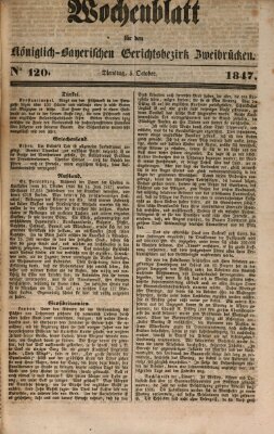 Wochenblatt für den Königlich-Bayerischen Gerichtsbezirk Zweibrücken (Zweibrücker Wochenblatt) Dienstag 5. Oktober 1847