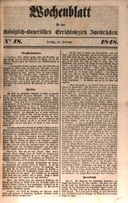 Wochenblatt für den Königlich-Bayerischen Gerichtsbezirk Zweibrücken (Zweibrücker Wochenblatt) Freitag 11. Februar 1848