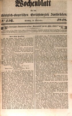 Wochenblatt für den Königlich-Bayerischen Gerichtsbezirk Zweibrücken (Zweibrücker Wochenblatt) Dienstag 26. September 1848