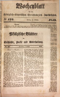 Wochenblatt für den Königlich-Bayerischen Gerichtsbezirk Zweibrücken (Zweibrücker Wochenblatt) Freitag 12. Oktober 1849