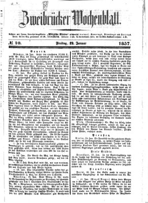 Zweibrücker Wochenblatt Freitag 23. Januar 1857