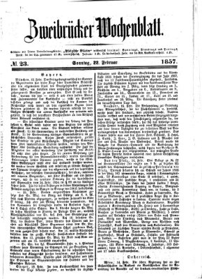 Zweibrücker Wochenblatt Sonntag 22. Februar 1857