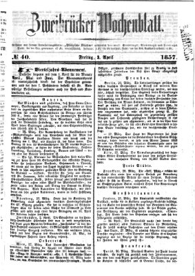 Zweibrücker Wochenblatt Freitag 3. April 1857