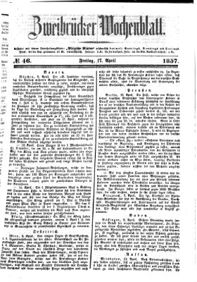 Zweibrücker Wochenblatt Freitag 17. April 1857