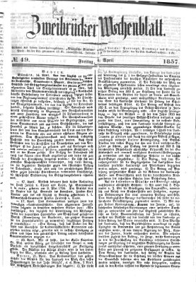 Zweibrücker Wochenblatt Samstag 4. April 1857